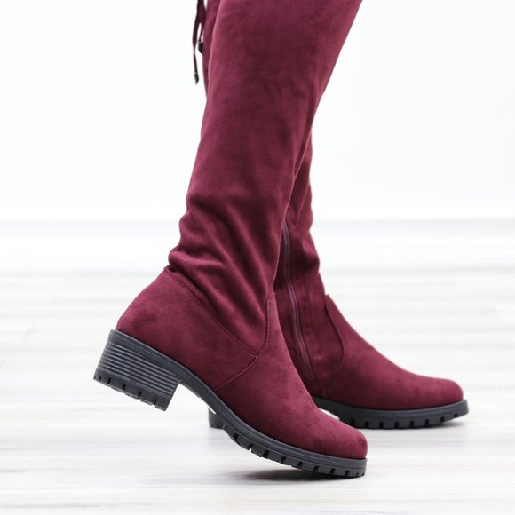 Wine Lug Sole Thigh High Boots Back Lace Tie - Picture 7 of 14